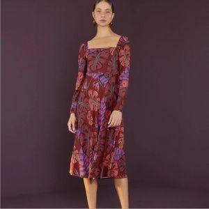 NWT FARM RIO Red Delicate Leaves Midi Dress with original box